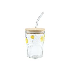 Estia Ποτηρι Νερου Γυαλινο Με Bamboo Καπακι & Καλαμακι Λεμονι 420Ml