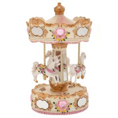 Iliadis Λευκο  Χρυσο Περιστρεφομενο Κουρδιστο Καρουζελ Με 3 Αλογακια Και Μουσικη 14Χ14Χ25Εκ 