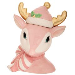 Iliadis Ροζ Κεραμικη Μπισκοτιερα Σε Σχημα Κεφαλι Ελαφιου Με Χρυσα Κερατα 23Χ17Χ28Εκ 
