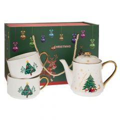 Iliadis Σετ 3 Κεραμικη Τσαγιερα Με 2 Κουπες Με Χριστουγεννιατικο Σκηνικο  Σε Κουτι 