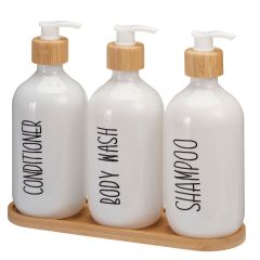 MRSHome Σετ Μπάνιου Με 3 Dispenser Σε Δίσκο Μπαμπού I White